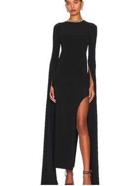 Norma Kamali Black Long-Sleeve Cape-Slit Gown